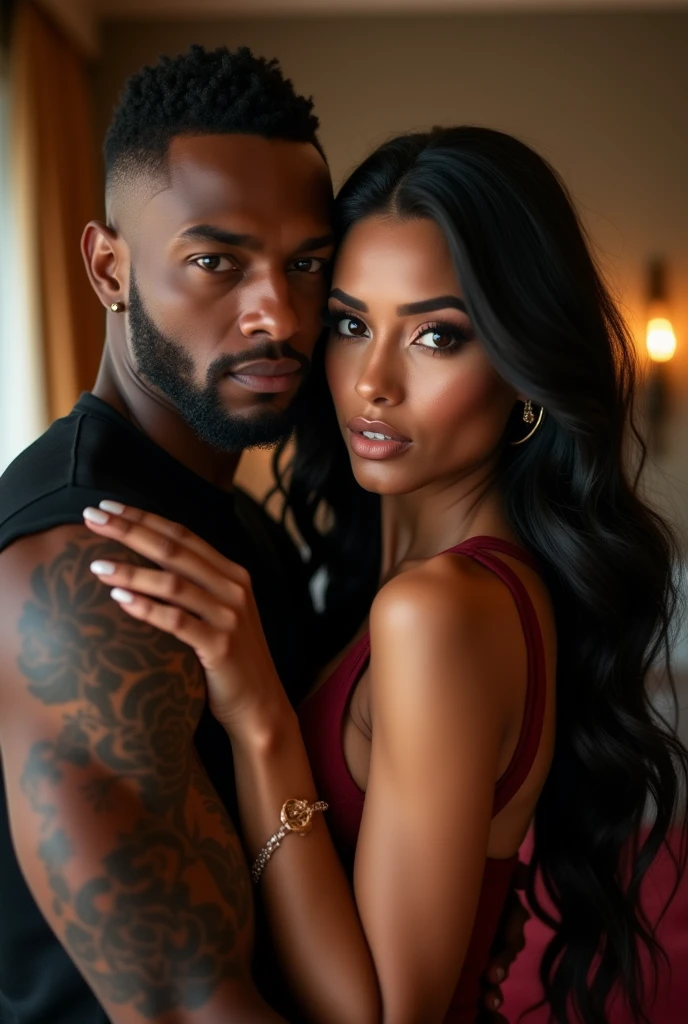 Stunning medium shot photograph of an African American couple 1 handsome black man with short fade haircut luxury black camsa, 1 beautiful Latin woman with dark skin chocolate color eyes looking at viewer emerald green color, seductive body 95-60-100 balanced , perfect beauty, long silky hair with waves, romantic scene