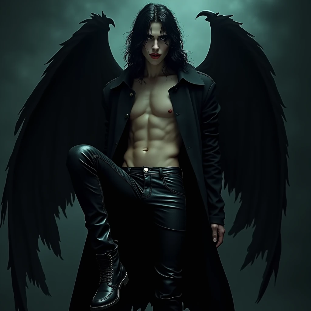 
((Best quality)), ((masterpiece)), 8k (detailed), ((perfect face)) ((fullbody)), perfect proportions, He is a gorgeous devil, his facial features delicate and perfect. He has black long hair and teal-blue eyes. Wearing black shiny leather jeans and a black trench coat. He has long eyelashes, his skin is white and pale. (No facial or body hair) He is sexy. He has gothic makeup on his face. He is 19 years old. The overall look is very erotic. ((Black and purple)) ((sexy)) ((seductive) ((looking down)) ((Smirking)) male) boy. ((Black wings)) ((Raising his leg and putting his long boot on the camera)) ((frowning))) ((Smirking))) (((looking down))) (no facial or body hair))) (((male))) ((sexy))