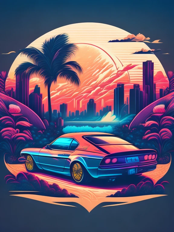 "automobile, lush urban landscape, stylized t-shirt design, middle of the journey, vibrant vector art, hydro74"Create a vector t-shirt print with a delicate floral design that intertwines with the contours of the t-shirt, Adding a touch of natural elegance."