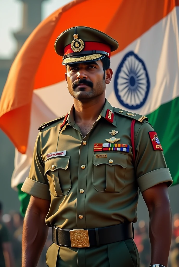 A man in Indian army dress and stand infront of India flag and salute on his army shirt with name VISHWANTH