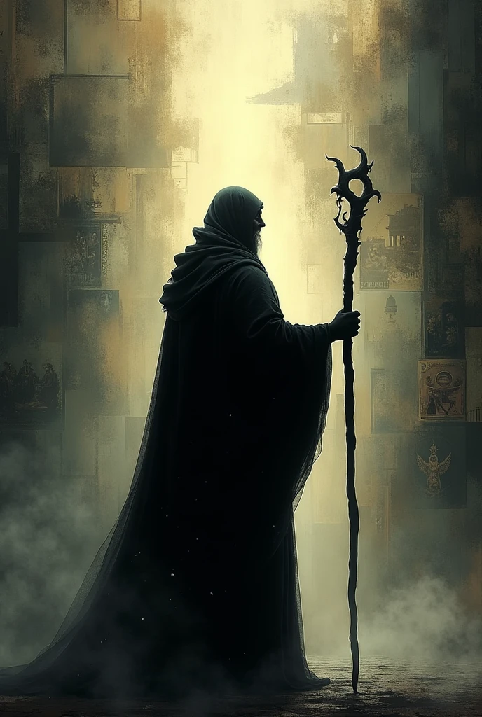 playful image, completely dark silhouette of a man in the distance wearing a robe and holding a staff, background containing images of different eras