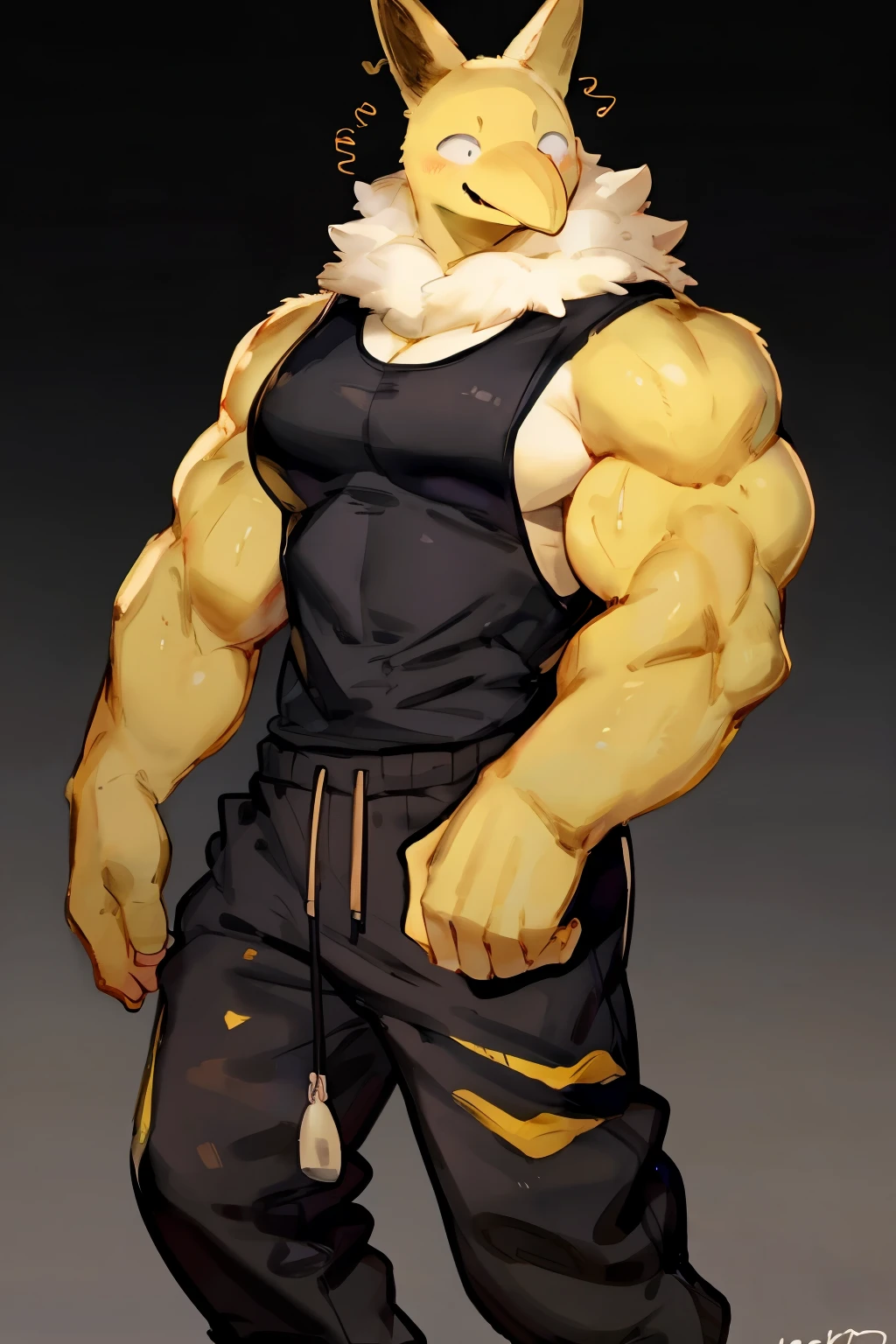 Furry, Anthro, solo, Hypno, Male, (((muscular body, massive male pectorals, yellow-gold skin, fluffy neck, wearing white fur around neck))), ((((massive biceps, wide-eyed, head tilted, dancing)))), ((((((massive bulky torso, happy, wearing black full male tanktop, wearing black sweatpants)))))), upper body, black/yellow spraypainted background, by buta99, by zackary911, by bebebebebe, (((digital painting)))