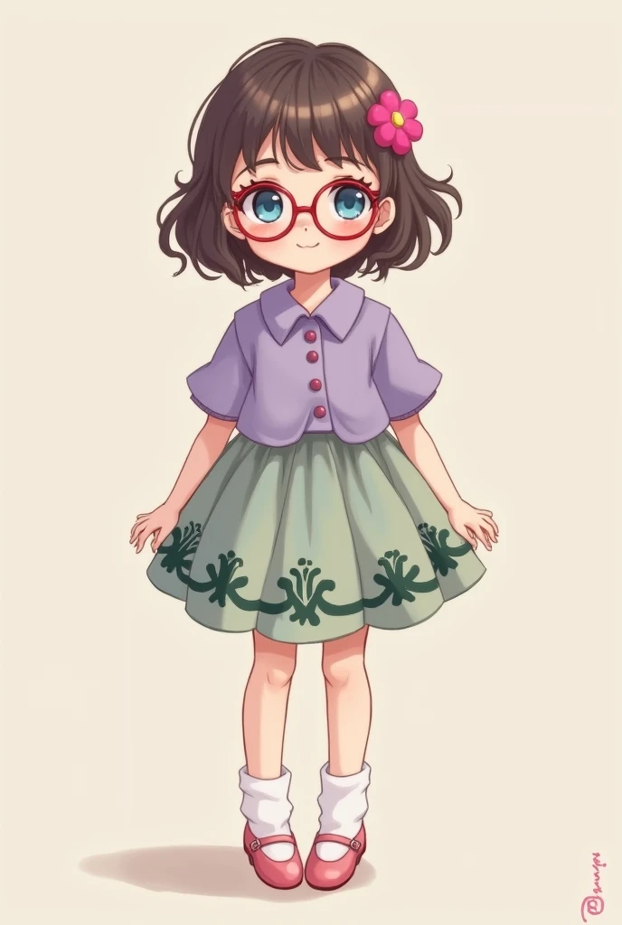 Create a girl with fair skin and freckles on her wrists and nose., gentle, clear blue eyes, half-circular glasses of a bright red color, medium wavy, shoulder-length hair, bangs that are a little above hazel eyes, she wears a violet shirt that covers half her shoulders and a pastel green skirt with dark green details, wears pastel pink shoes and white socks that cover her ankles, her accessory is a bright fuchsia flower hair clip, her personality is that of someone very kind and shy
