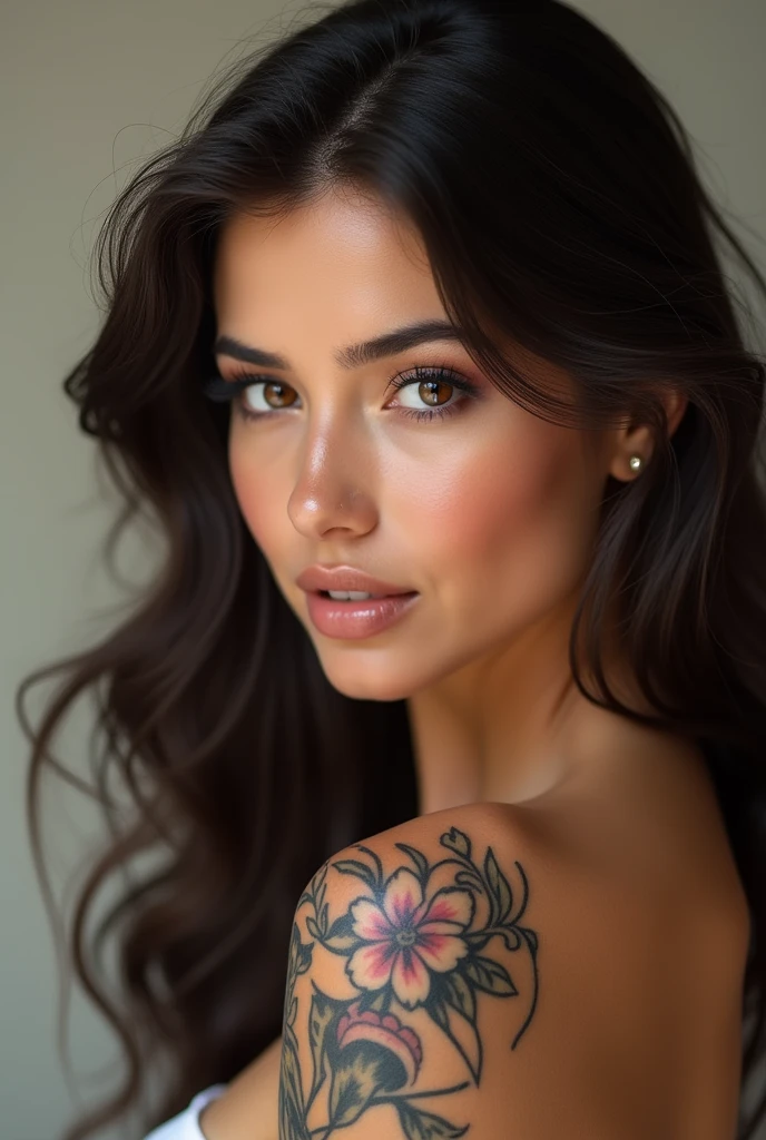 ((Best Quality)), ((masterpiece)), (detailed), 1 beautiful girl about 23 years old, DARK hair, I am YULIANA , expert with 5 years of experience in the BEAUTY sector . During this time, I went from beginner to professional., who has a deep understanding of the complexities of KNOWLEDGE ABOUT FACIAL CARE AND BODY CARE TREATMENT and knows, how to protect MEET THE INTERESTS OF YOUR CLIENTS ; I'm here, here to help you, MORE OR LESS A HEIGHT OF 1,62 CM THICK LIPS, filena nose, LIGHT BROWN EYES, lights in the eyes, small breasts, WITH FLOWER TATTOO ON THE ARM.