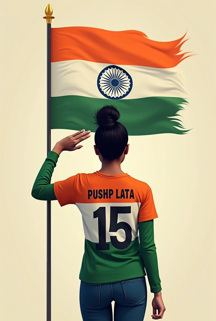 A 30 years old girl salutes the national flag of bharat and he is wearing a shirt print is like bharat flag and "pushp lata" and 15 number and independence day in small is written on it's back in big and bold fonts, 3d illustration
