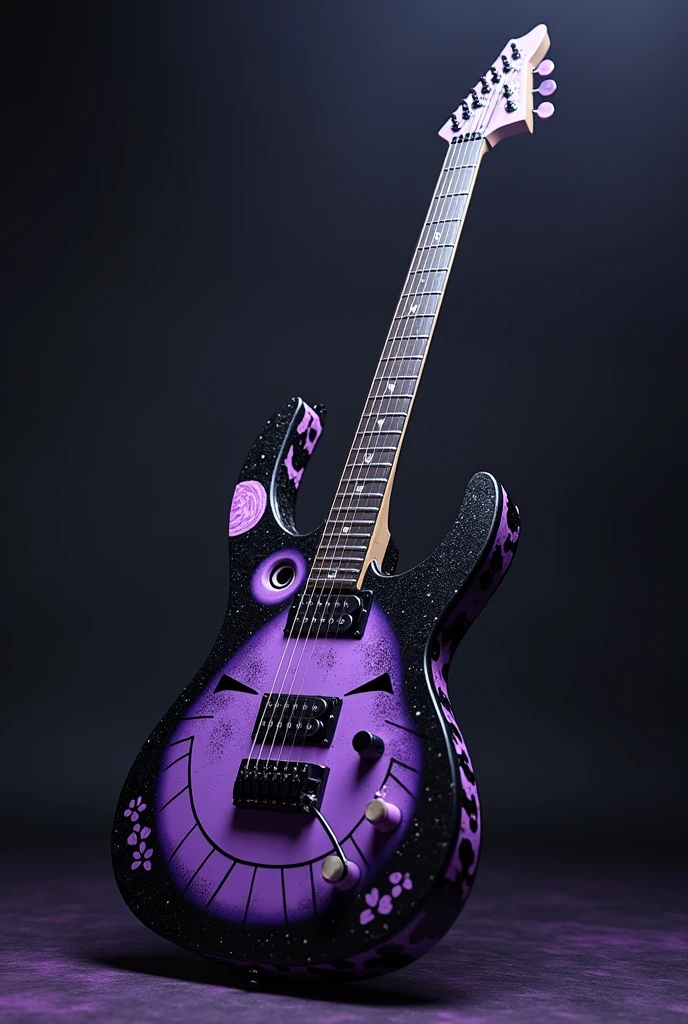 Make a guitar with the shape of the sound box being the face of Kuromi from Sanrio and having her colors