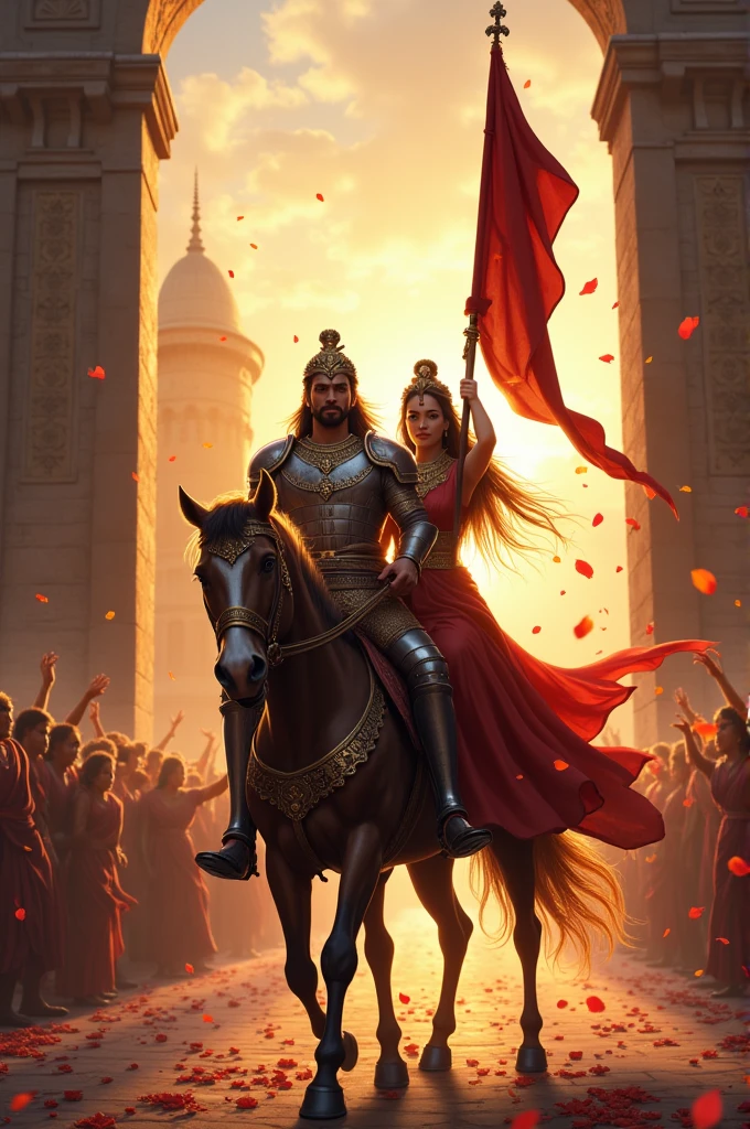 Capture the scene where King Vikram and Queen Suman return victoriously to their kingdom. They are both on horseback, riding through the gates of the castle as people cheer and throw flower petals in celebration. The king, still in his armor but looking relieved, rides beside the queen, who smiles warmly, holding a banner of victory. The castle in the background is bathed in the warm light of the setting sun, symbolizing peace and prosperity restored to the land."