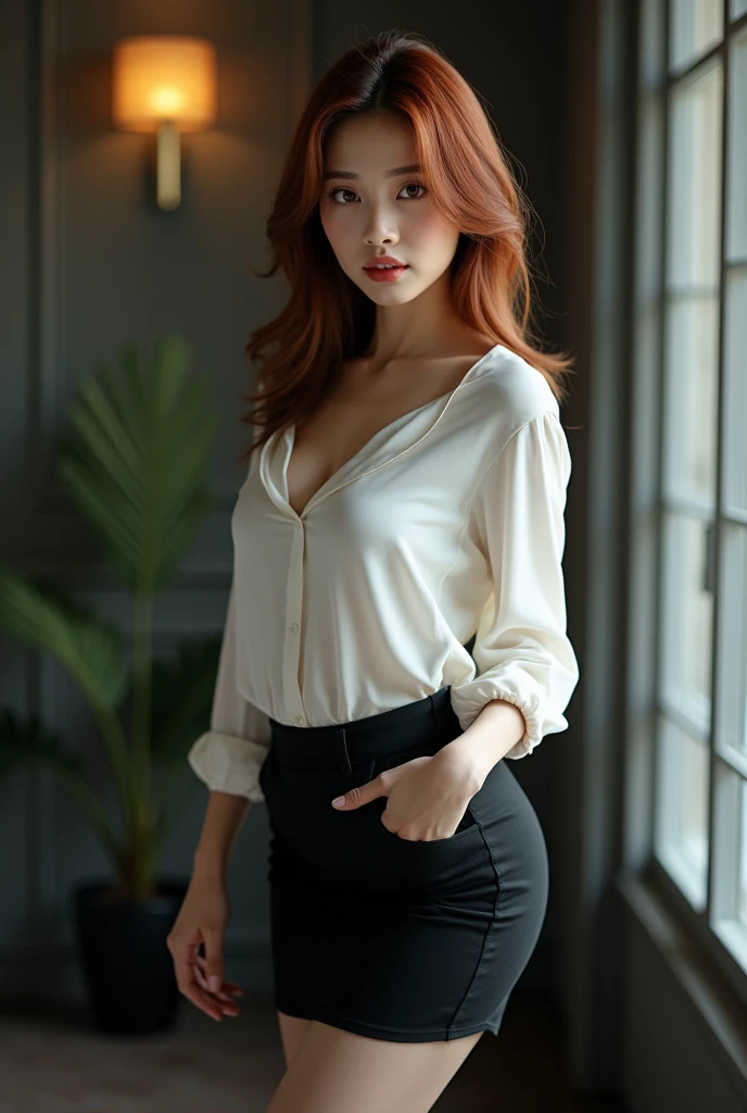Stunningly beautiful Korean woman of 27 years old with pearlesant skin and very slim frame. Slim traditional Korean features and Korean eyes. She is wearing a white blouse and black pencil skirt with no underwear. She has mid length dark copper colored hair with light tints. She has make up on, mascara, eye shadow and pale red lipstick. She has black leggings on and is standing with her skirt hitched up and her panties showing. She is super hot and photorealistic