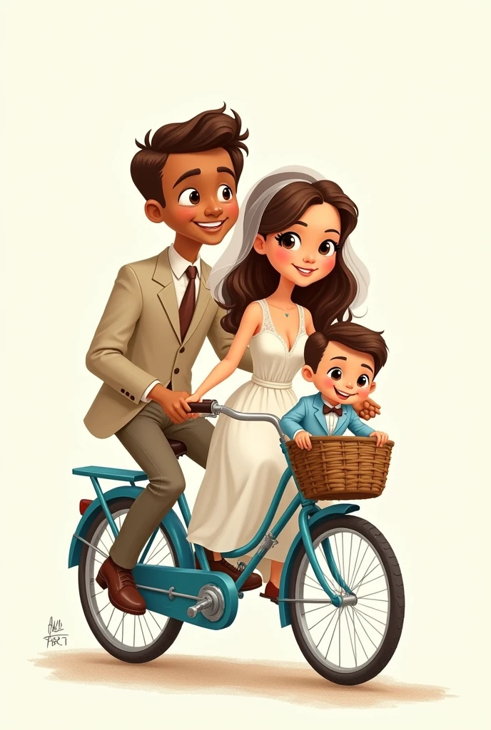 Imagine a cartoon drawing with an aged effect, with soft colors. The newlywed couple, ride on a vintage blue two-seater bicycle. The man is cinnamon skin, Without beard, delgado, with beige suit, He wears a brown tie. The woman, with a white wedding dress and long brown hair. in front of a bicycle with a basket, there is your  son, In a light blue suit, wearing a bow tie and suspenders. All with a happy expression. The white background.