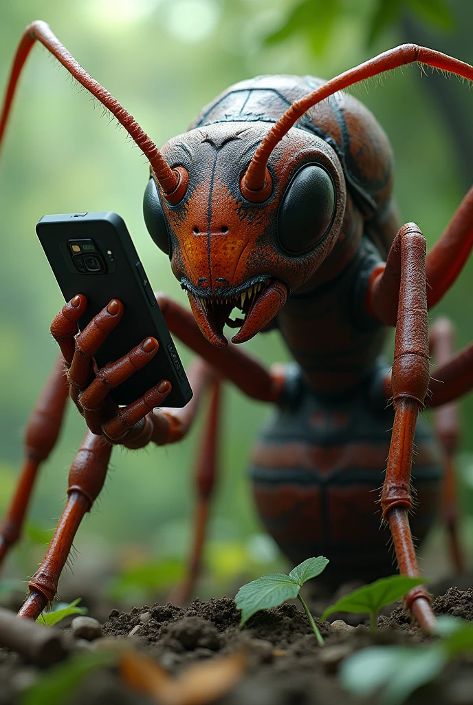 Create a large ant holding a cell phone in its hand 
