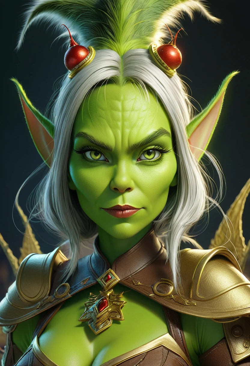 Anthropomorphic female grinch grasshopper mage. Official Art – Charecter profile. An Award-Winning Digital Masterpiece In 4K Ultra HD, Extreme Detail And Intricate Realism. Symmetrical Face. This Concept Art Brought To Life By The Hands Of Artists Like Wlop & Artgerm In A Stunning 2D Vector Illustration.Background Is A Panoramic Vista.