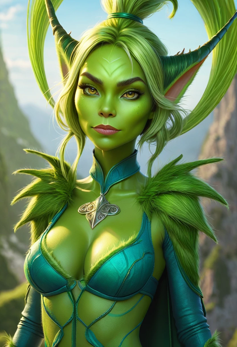 Anthropomorphic female grinch grasshopper mage. Official Art – Charecter profile. An Award-Winning Digital Masterpiece In 4K Ultra HD, Extreme Detail And Intricate Realism. Symmetrical Face. This Concept Art Brought To Life By The Hands Of Artists Like Wlop & Artgerm In A Stunning 2D Vector Illustration.Background Is A Panoramic Vista.