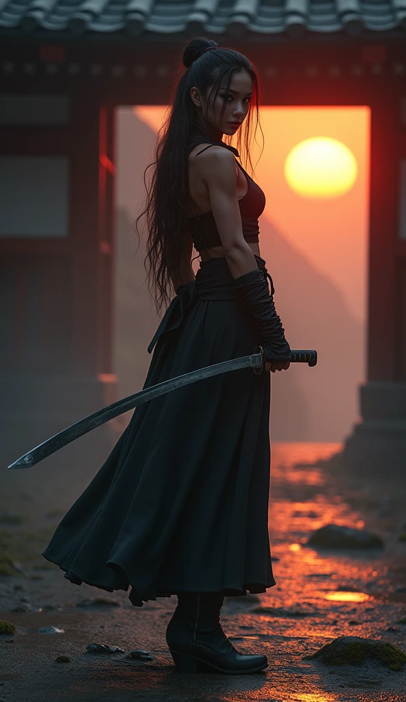 A captivating noir-style illustration of a female ninja warrior warrior, reminiscent of a female manga character by Taite Kubo. She exudes confidence and arrogance with her dagger, she points her dagger towards the camera in an intimidating manner, ready for action. The realistic shading highlights her curves, elongating her legs and accentuating her hourglass figure. Against the backdrop of mist and a dimly lit entrance to a Japanese temple, the rising sun casts a warm, inviting glow over the damp landscape. The blurred mountain landscape adds depth, while the backlight creates a dramatic atmosphere of intrigue and danger. The SLR's exceptional lighting and shadows accentuate the realistic features, while the cinematic close-up lighting highlights the intricate details of her elaborate makeup. Shot with Unreal Engine 5 and high-speed photography, DSLR, Nikon D750, cinematic and impressive,