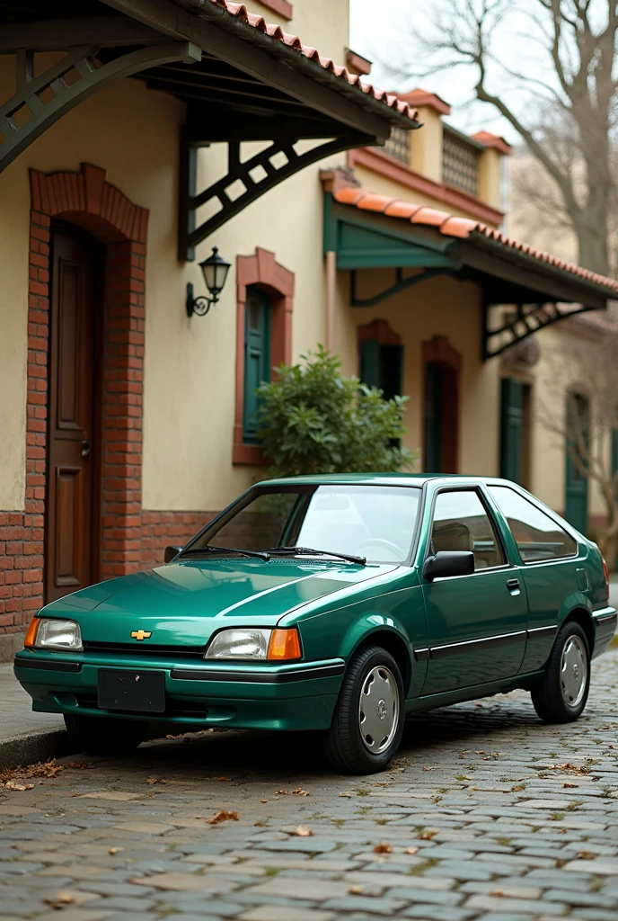 1993 green metallic Chevette car with the Chevrolet logo , parked on a cobblestone street,in front of a house with a 1960s facade.