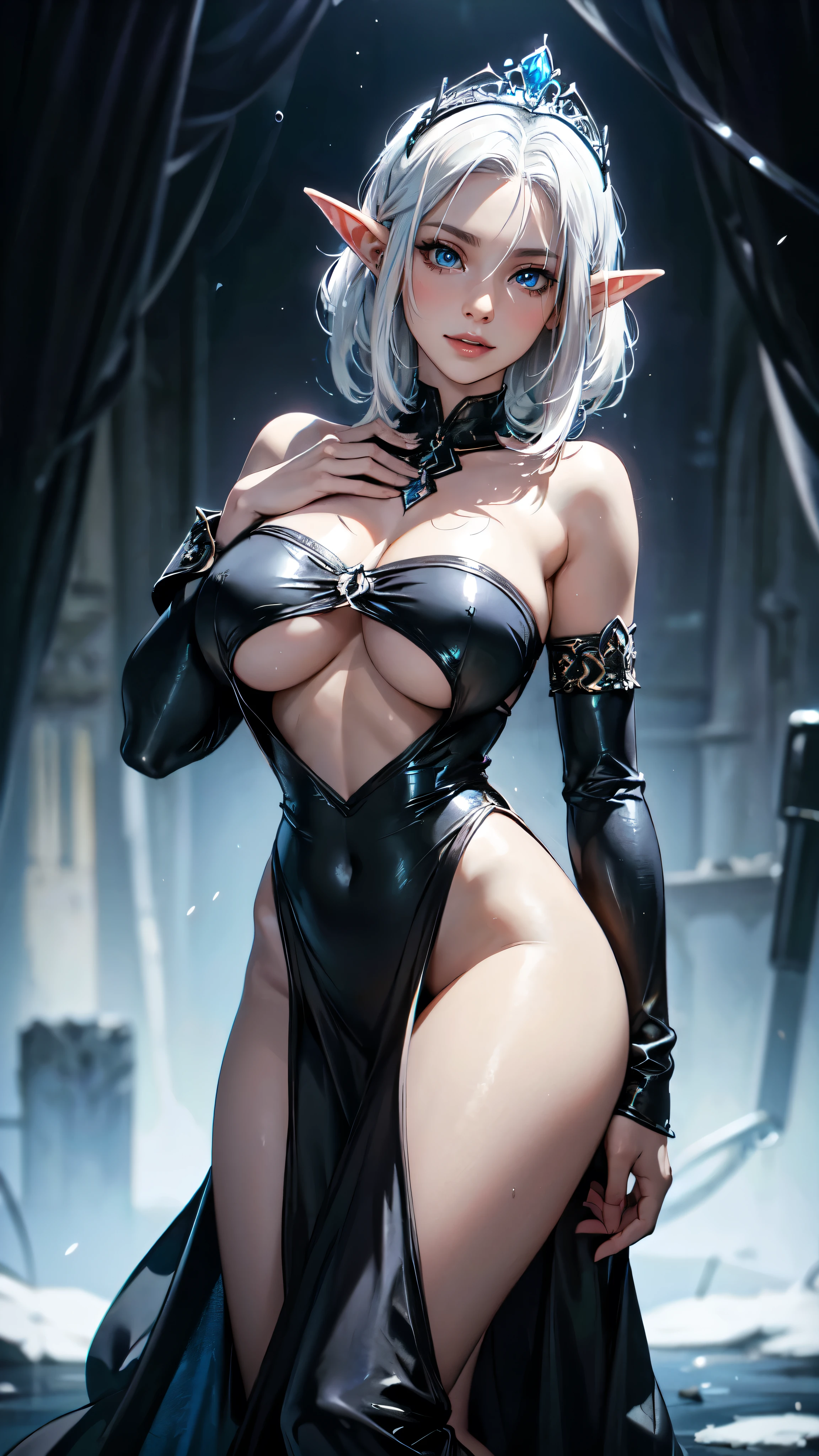 solo, (masterpiece), (beautify), (alone), (young adult), ((white hair)), medium hair, tiara, (blue eyes), smile, black clothes, bare midriff, bare stomach, black dress, cleft of venus, (huge breasts), underboob, detached sleeves, blue aura,detailed eyes, detaield hands, detailed face, elf woman, full body, wet,drops of water,wet