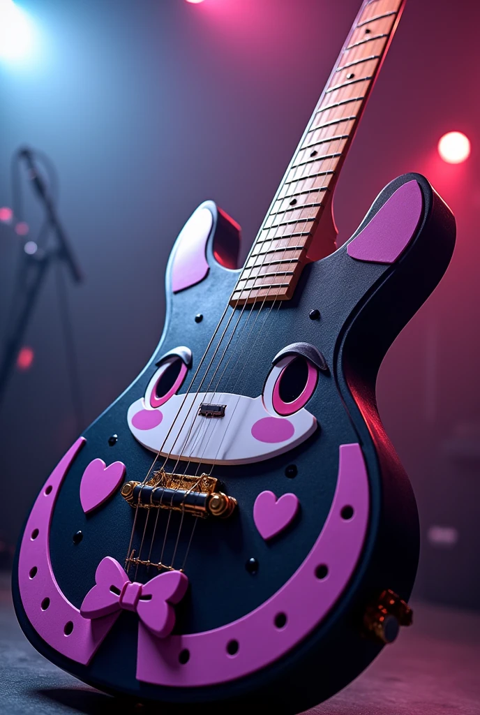 Make a guitar with the shape of the sound box being the face of Kuromi from Sanrio and having her colors