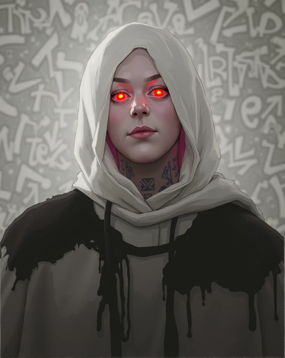 detailed back ground, work of art, best qualityer, ssmile, ornament, hooded cloak, portraite, neon pink, graffit, tenebrosa, natta, glare eyes, luz roxa