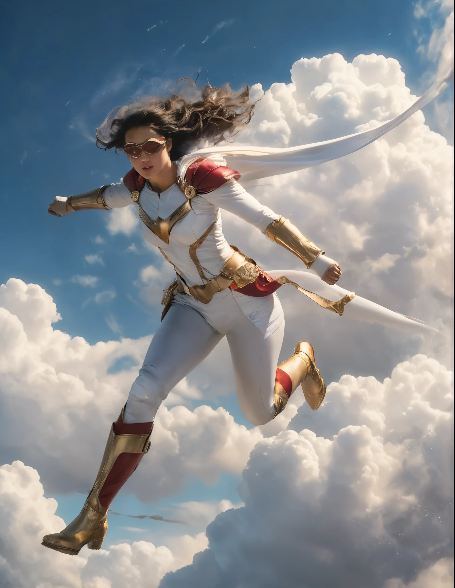 Wonderwoman is flying on a bright cloud