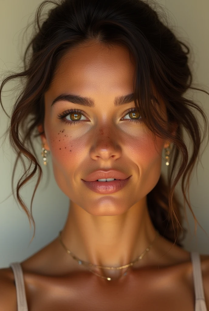 (photorealism:1.2), beautiful woman, athletic build, warm, sun-kissed skin tone. Hazel eyes with golden flecks. Has a few freckles on her nose and cheeks. Naturally wavy dark brown hair just past her shoulders. Wearing simple clothes. Close-up of her face, front view of her face