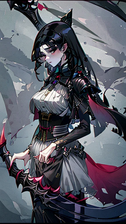 best quality, high quality, ultra quality, 8k, masterpiece, detailed, extremely detailed, insanely detailed, ultra detailed, ultra highres ,exquisite,
Gothic horror woman, highly detailed face and body, beautiful haunting eyes, detailed lips and eyelashes, long black hair, bewitching expression, grim reaper, huge sharp scythe, dark ominous atmosphere, moody lighting, dramatic composition, cinematic, dark fantasy, dramatic shadows, muted color palette, chiaroscuro