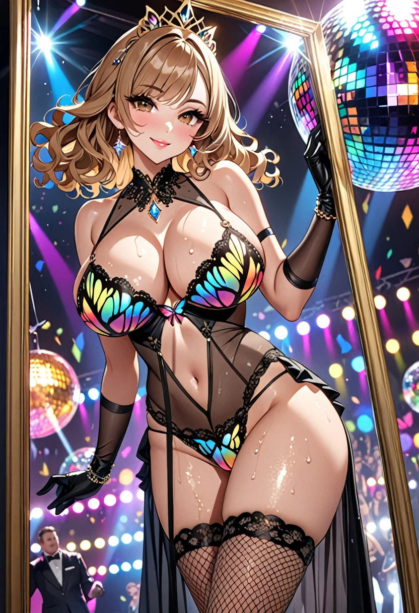(Highest quality, Ultra-high resolution、The most complex and detailed depiction、masterpiece、8k, RAW Photos, Best image quality、Very detailedな顔、Attention to detail、Beautiful woman、Realistic、photo-Realistic、Very detailed, Beautiful attention to detail:1.5),(One adult woman:1.3)、(blush)、(Gal-style makeup、mascara 、eyeshadow、Dark eyeliner、Long and beautiful eyelashes、False eyelashes、double eyelid、heavy makeup、hostess、Brown eyes:1.5),(A bra with a pale rainbow gradient butterfly pattern、Light rainbow gradient butterfly pattern panties:1.5)、Gorgeous jeweled necklace、Gold bracelet、A gorgeous gold tiara studded with jewels、Sheer black lace dress、Mesh fabric、Fishnet tights,(Black opera gloves)、(A seductive smile),(under boob、Huge breasts:1.2)、(Cleavage:1.2)、(((Light brown hair、Wavy Hair、short hair)))、elongated nose、Face with gills、(Perfect Style,sexy)、Saggy breasts、Large saggy breasts、((Sweat、Your body is wet))、((Dim Club、pole dance、Mirror ball))、Sleepy face