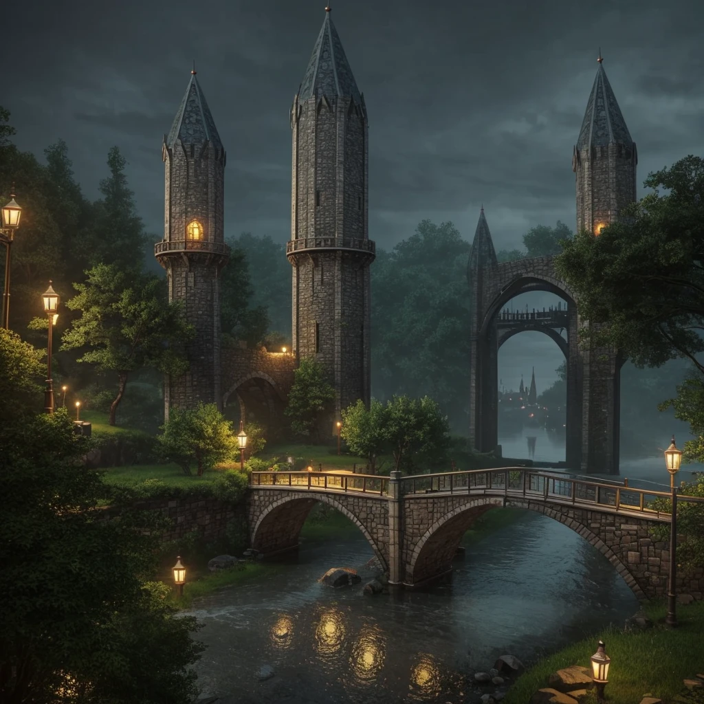 Two towers with a bridge connecting them on a rainy RPG night 