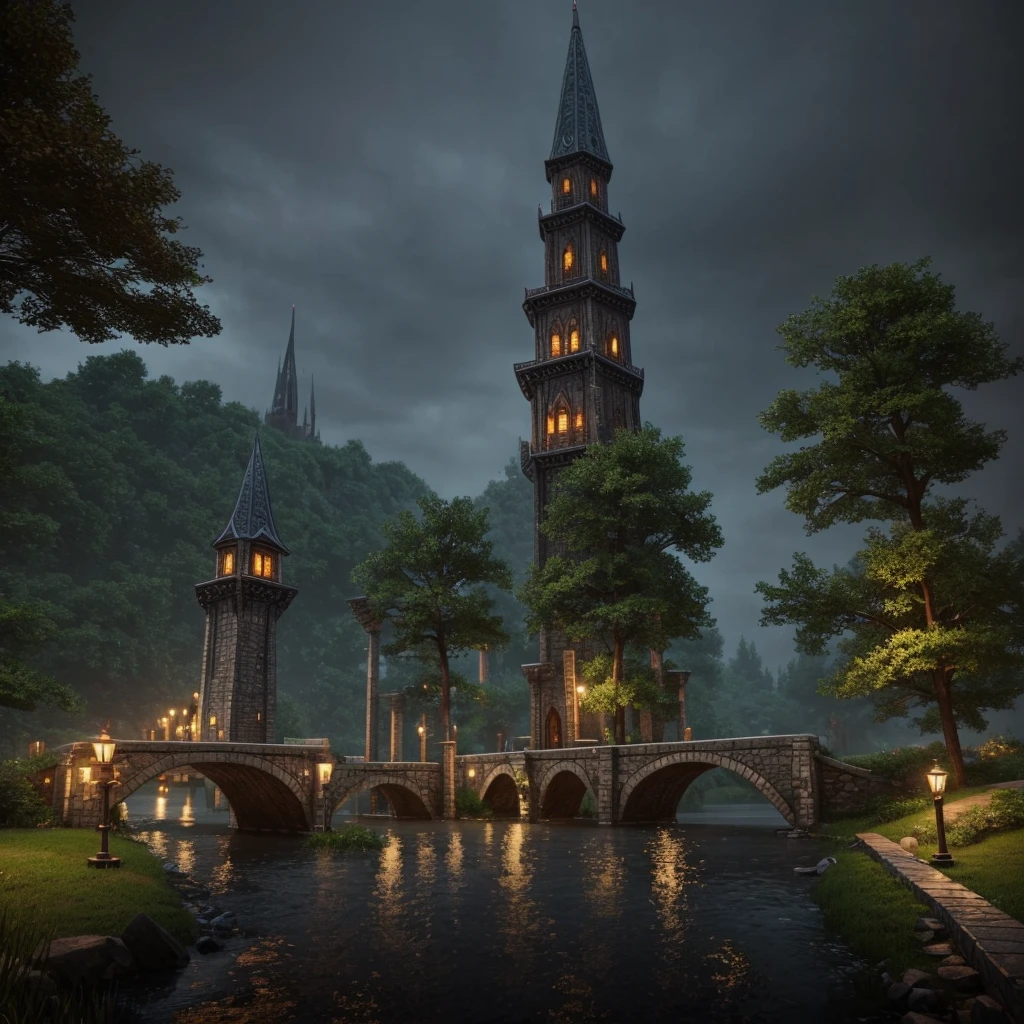 Two towers with a bridge connecting them on a rainy RPG night