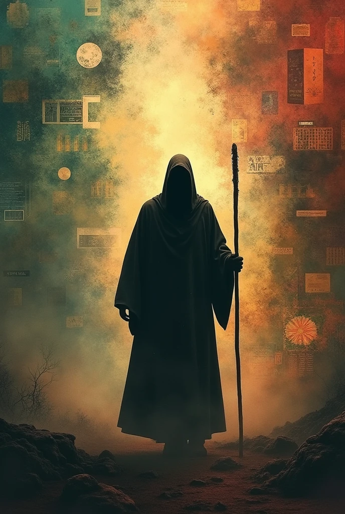 Playful image and , completely dark silhouette of a man in the distance wearing a robe and holding a staff, background containing images of different eras