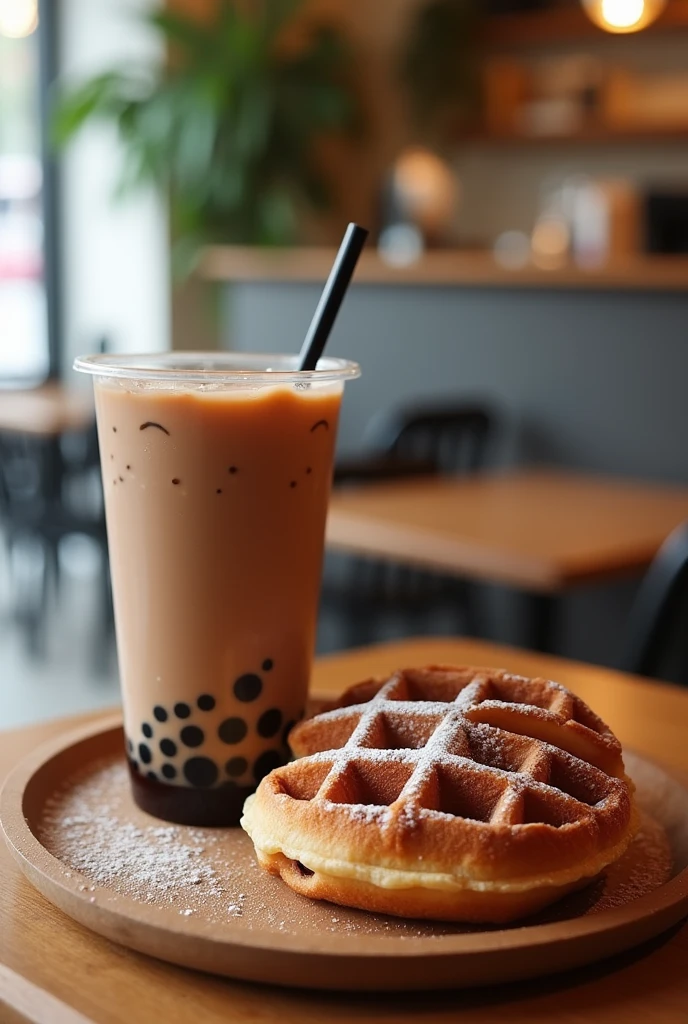 bubble tea  and  2 choclate waffles with cafe background 
Instagram promotional post