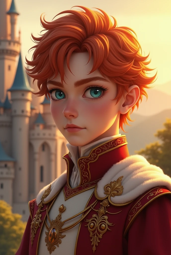 Très très beau et charmant  jeune homme aux cheveux roux et aux yeux bleus perçants en habit de prince regard angélique et doux dans un chateau au soleil 