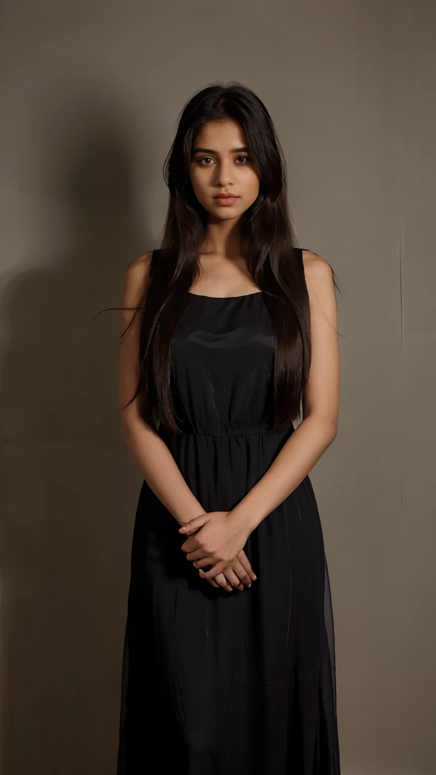 Indian girl with long hair, silk long black dress, (standing), all body on the picture