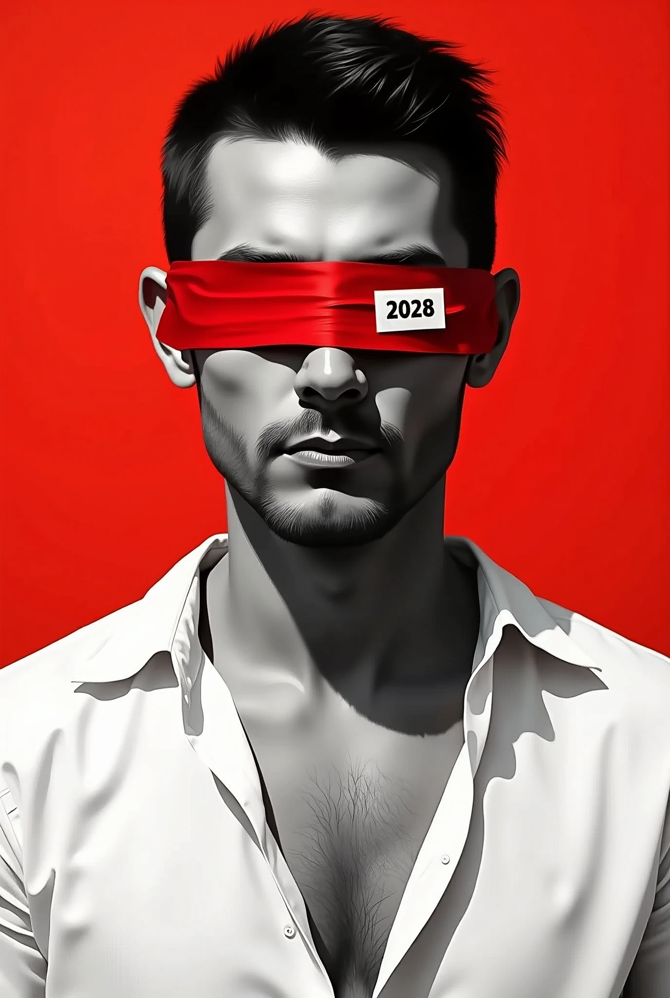 A stylized portrait of a man with a black and white face, partially obscured by a bold red strip across his eyes and mouth. The background is a solid red, and a small white label with the number 2028 is visible on the red tape. The figure appears solemn, wearing a loose white shirt, conveying a sense of conflict or restriction
