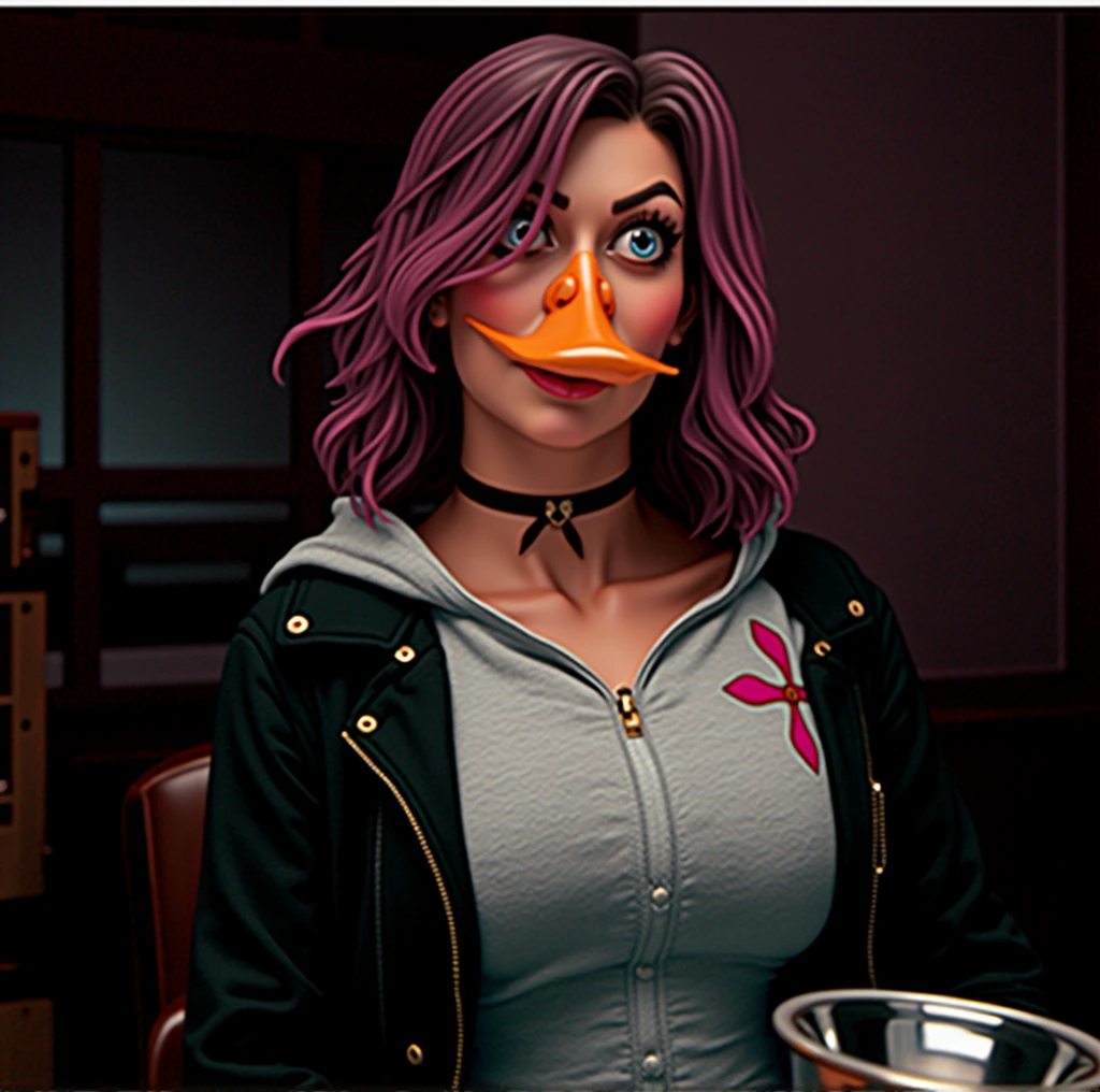 cute woman with big orange duck bill, anthropomorphic duck woman, detailed duck bill growing on face, nostrils, big round wide eyes, big breasts, short purple hair, black zip jacket, thin button hoodie, ultra hd, hyper realistic, 4k, 8k,