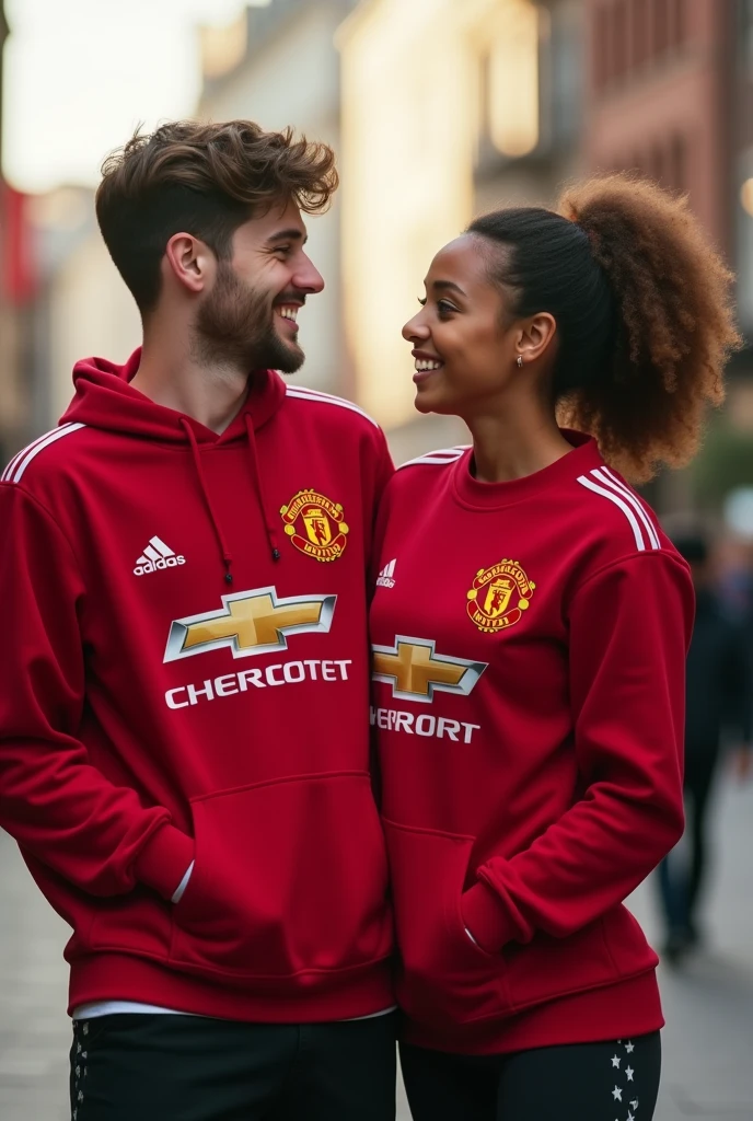 Generate for me an African teen couple wearing Manchester United Jersey 