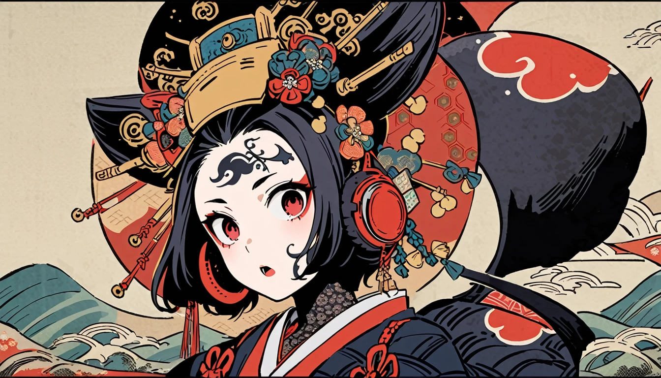 Ink painting, (((1 Ninja Girl))), (((Tattoo in the middle of the forehead))),(((In the background is the Akatsuki moon))), (((Oiran))), (((Great hair accessories))), Japanese style headphones, Demon possession, ,Face up close, Japanese beauty, Sensitive and precise, Modern Ukiyo-e style, Highest quality, katsushika hokusai, (((Elements of horror))), beautiful girl, Sensitive and precise, Modern Ukiyo-e style, Cyberpunk city,