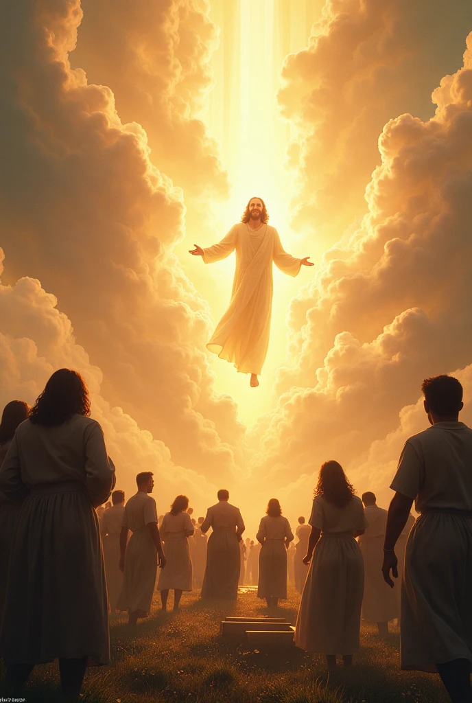 {
  "size": "1024x1024",
  "prompt": "A joyous and heavenly scene in a cemetery where the dead are rising from their graves, reuniting with loved ones as they look up in awe at Jesus returning in the sky. The cemetery is bathed in warm, golden light, with open graves and smiling people embracing each other. The sky is filled with brilliant light and clouds parting to reveal Jesus descending with open arms, surrounded by angels. The expressions of the people are filled with happiness and wonder, creating an atmosphere of celebration, peace, and divine love."
}