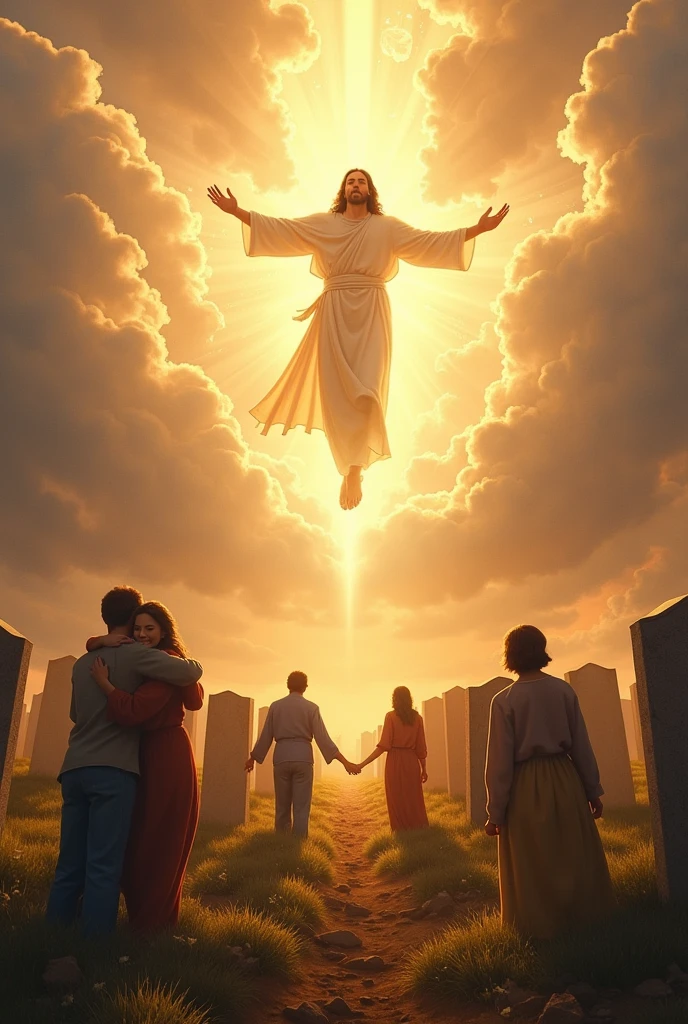 {
"size": "1024x1024",
"prompt": "A joyous and heavenly scene in a cemetery where the dead are rising from their graves, reuniting with loved ones as they look up in awe at Jesus returning in the sky. The cemetery is bathed in warm, golden light, with open graves and smiling people embracing each other. The sky is filled with brilliant light and clouds parting to reveal Jesus descending with open arms, surrounded by angels. The expressions of the people are filled with happiness and wonder, creating an atmosphere of celebration, peace, and divine love."
}