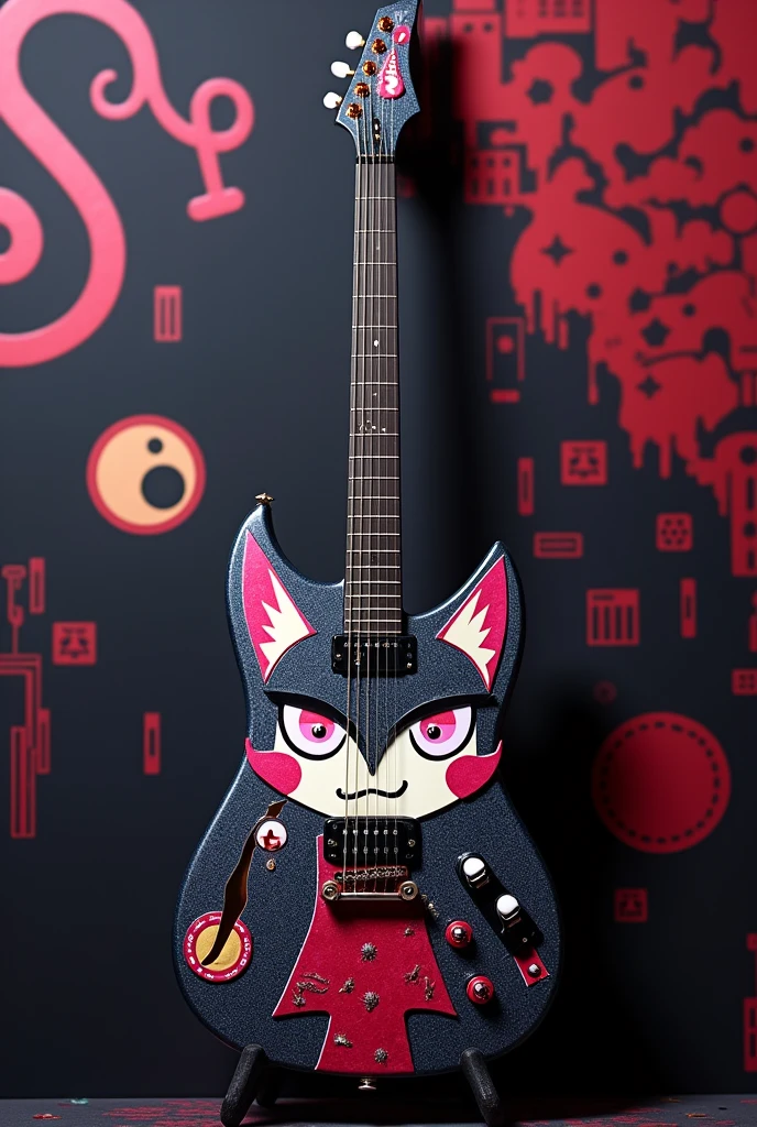 Make a guitar with the shape of the sound box being the face of Kuromi from Sanrio and having her colors