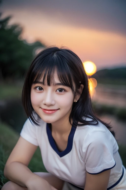 masterpiece、８ｋ、Highest quality、21 years old、Beautiful Eyes、Close-up of a face、Cute Smile、from the front、Riverbank、night、Sky、(((Many Stars)))、Looking up at the sky、Looking into the distance、((White camisole))、((Navy blue mini skirt))、Rural landscape、Medium-long hair、Straight black hair、bangs