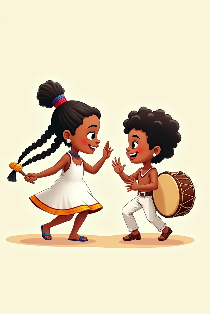 Cartoons of a young girl from the Yungas region of Bolivia with braids dancing saya wearing a white dress and a young boy from the Yungas region of Bolivia dressed in white playing a drum dancing Afro-Bolivian saya without a background