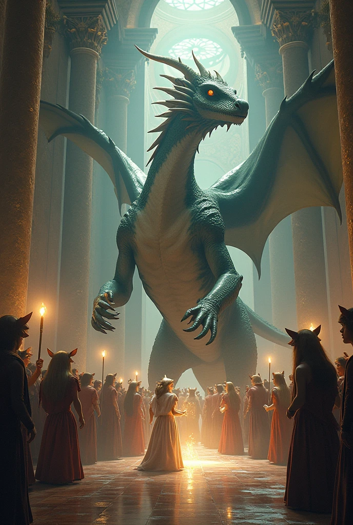 A frame with gold, a dragon on each vertical, in the middle a hig house tower with green flames, that symbolize the union between two houses