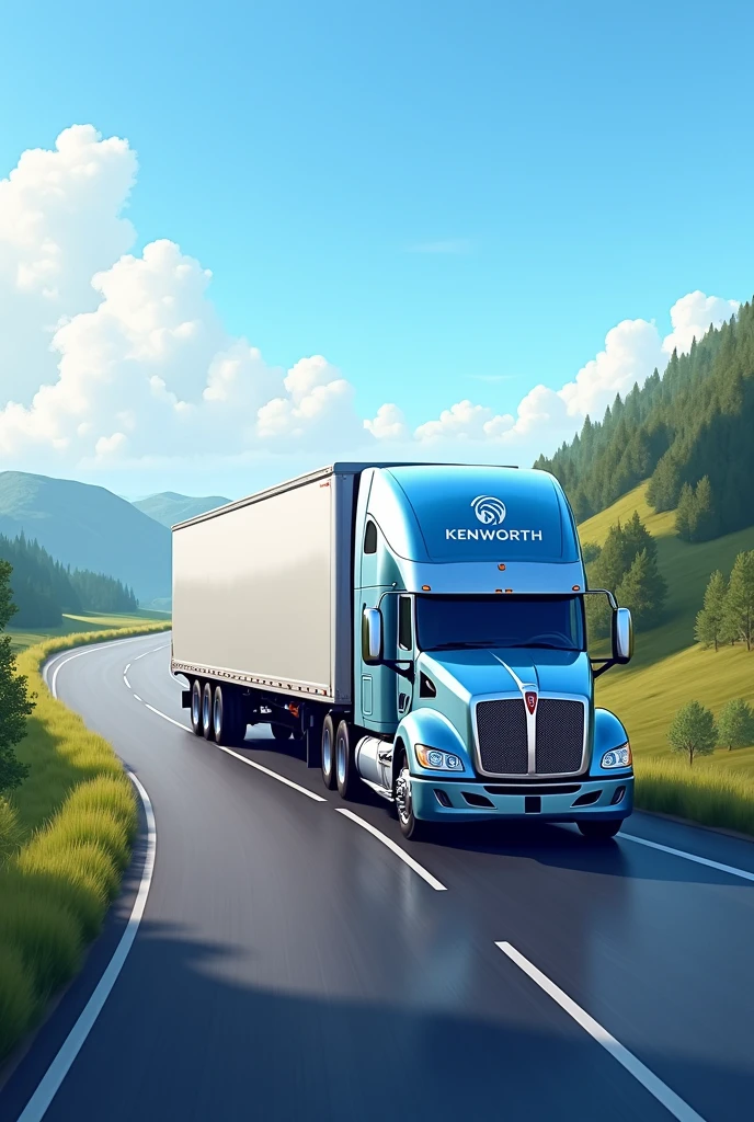 Create an illustration of a white and blue Kenworth trailer on the road with the logo 'Truck Lujos Persan'