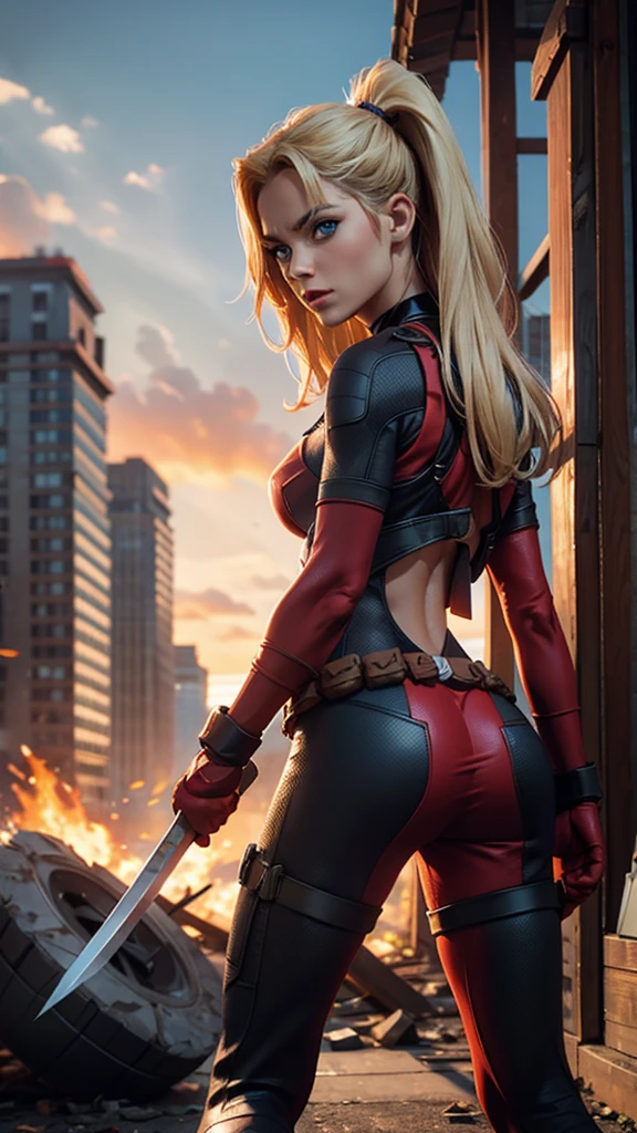 Deadpool, (Marvel comics), Marvel X-Men, sexy girl, powerful, red classic sexy suit, broken suit, Young, skynny body, small and beautiful buttocks, toned abdomen, small and beautiful breasts, nija sword, guns, very sensual, she is fighting in the city, planes, clouds, New York City on fire, destroyed buildings in the background, Dramatic background, many scared people, alien invasion, sensual look, Beautiful blue eyes, classic hairstyle,Hair dyed in bright blonde color, best quality,4k,8k,A high resolution,masterpiece,Ultra detailed,realistic, Photorealistic,photo realistic, ultra realistic, gran definición,