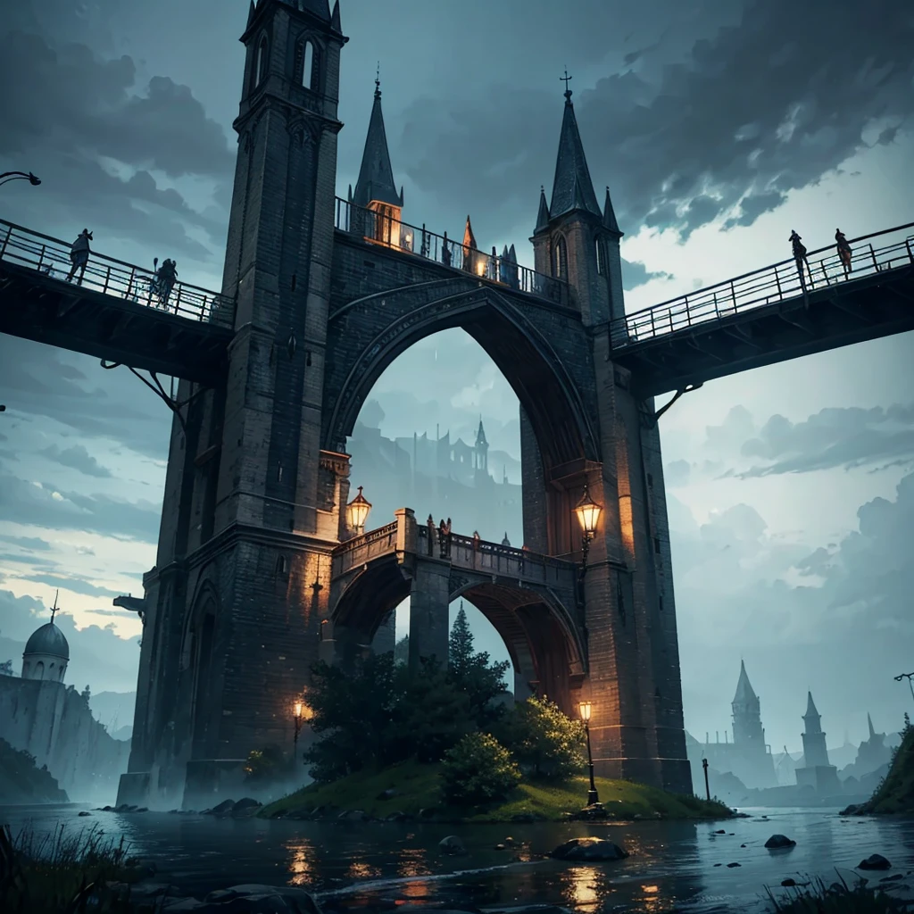Two towers with a bridge connecting them on a rainy RPG night