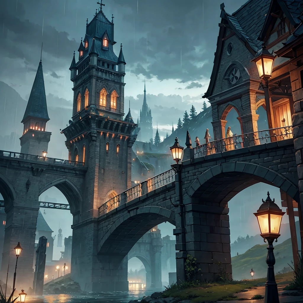 Two towers with a bridge connecting them on a rainy RPG night 