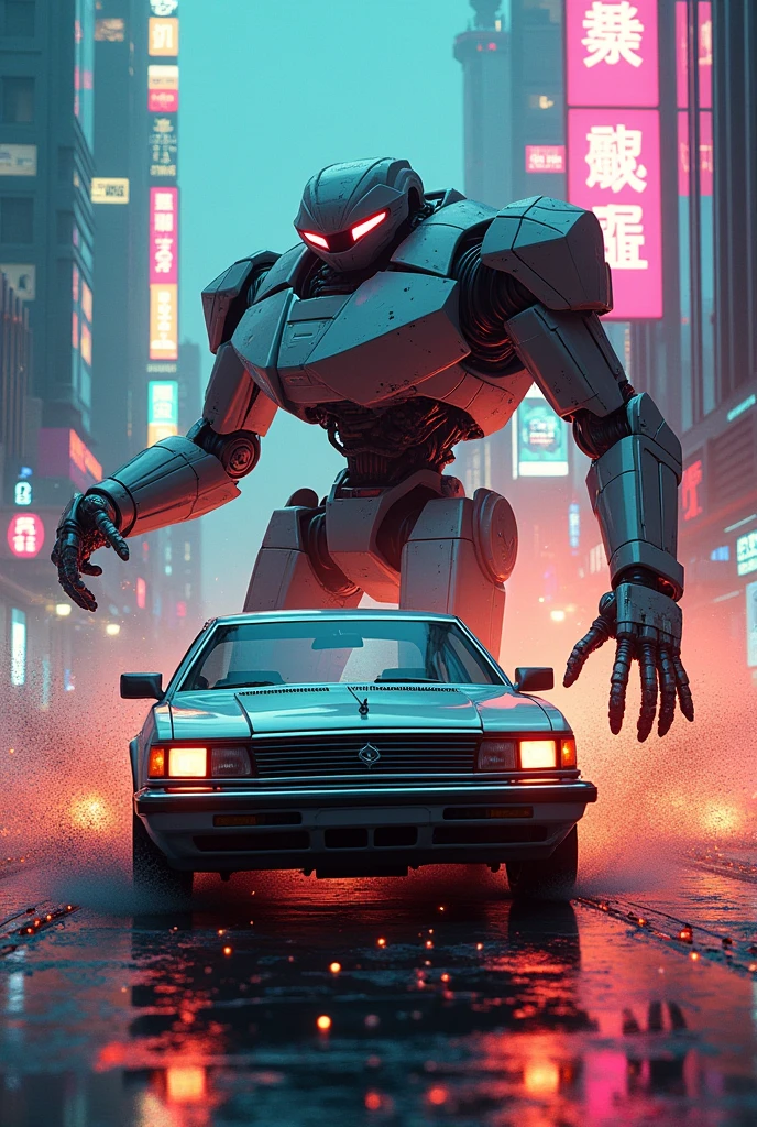 A Japanese car from the 80s runs over a robot