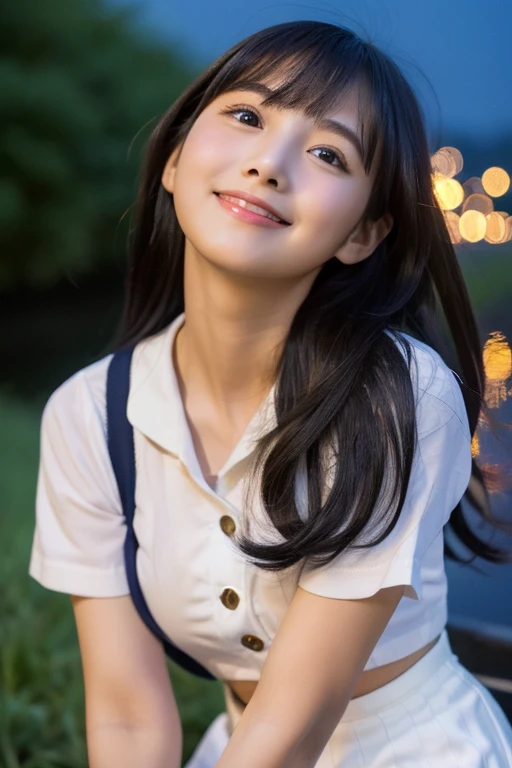 masterpiece、８ｋ、Highest quality、21 years old、Beautiful Eyes、Close-up of a face、Cute Smile、from the front、Riverbank、night、Sky、(((Many Stars)))、Looking up at the sky、Looking into the distance、((White camisole))、((Navy blue mini skirt))、Rural landscape、Medium-long hair、Straight black hair、bangs