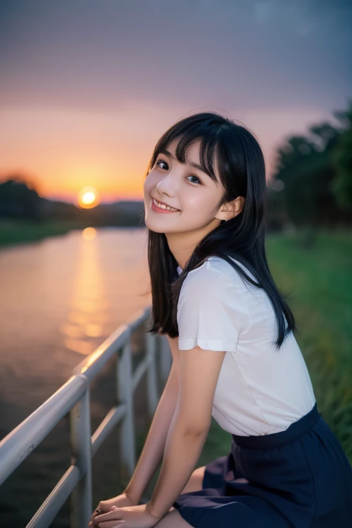 masterpiece、8k、Highest quality、21 years old、Beautiful Eyes、Close-up of a face、Cute Smile、from the front、Riverbank、night、Sky、(((Many Stars)))、Looking up at the sky、Looking into the distance、((White camisole))、((Navy blue mini skirt))、Rural landscape、Medium-long hair、Straight black hair、bangs