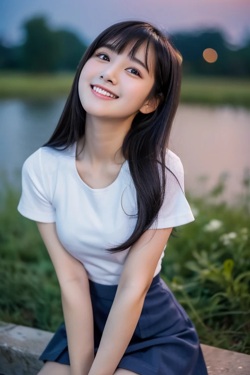 masterpiece、８ｋ、Highest quality、21 years old、Beautiful Eyes、Close-up of a face、Cute Smile、from the front、Riverbank、night、Sky、(((Many Stars)))、Looking up at the sky、Looking into the distance、((White camisole))、((Navy blue mini skirt))、Rural landscape、Medium-long hair、Straight black hair、bangs