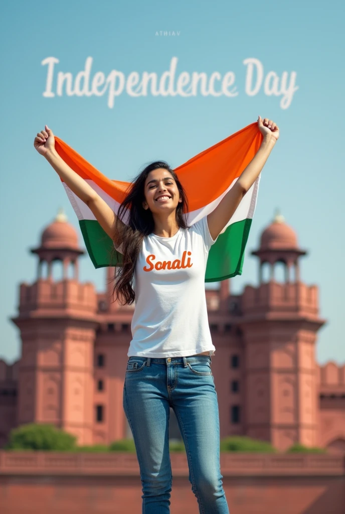 A 22-year-old girl wearing a hijab is celebrating Independence Day outdoors. She's standing on a lush, green grassy field with a joyful expression, perhaps waving a small flag or raising her arms in celebration. Behind her, the words "Independence Day" are written 3d in large stone letters, partially covered with grass, blending naturally with the environment. The scene is bright and festive, with clear skies and sunlight enhancing the celebratory atmosphere.